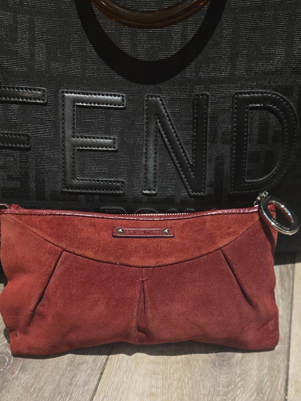 Sergio Rossi Suede Wristlet Clutch in Deep Red